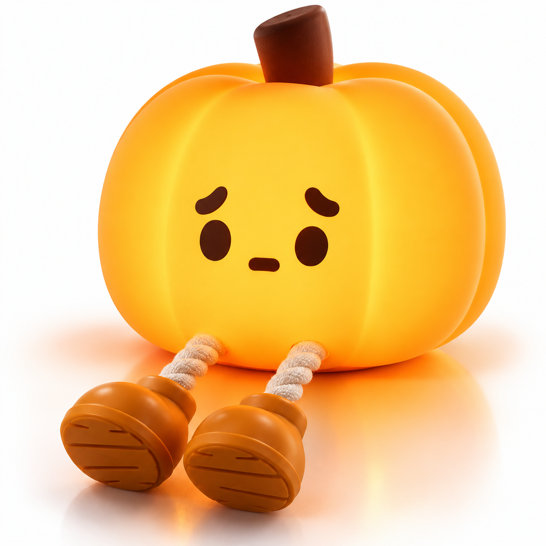 Halloween pumpkin night light glowing warm orange, with rope legs and little boots