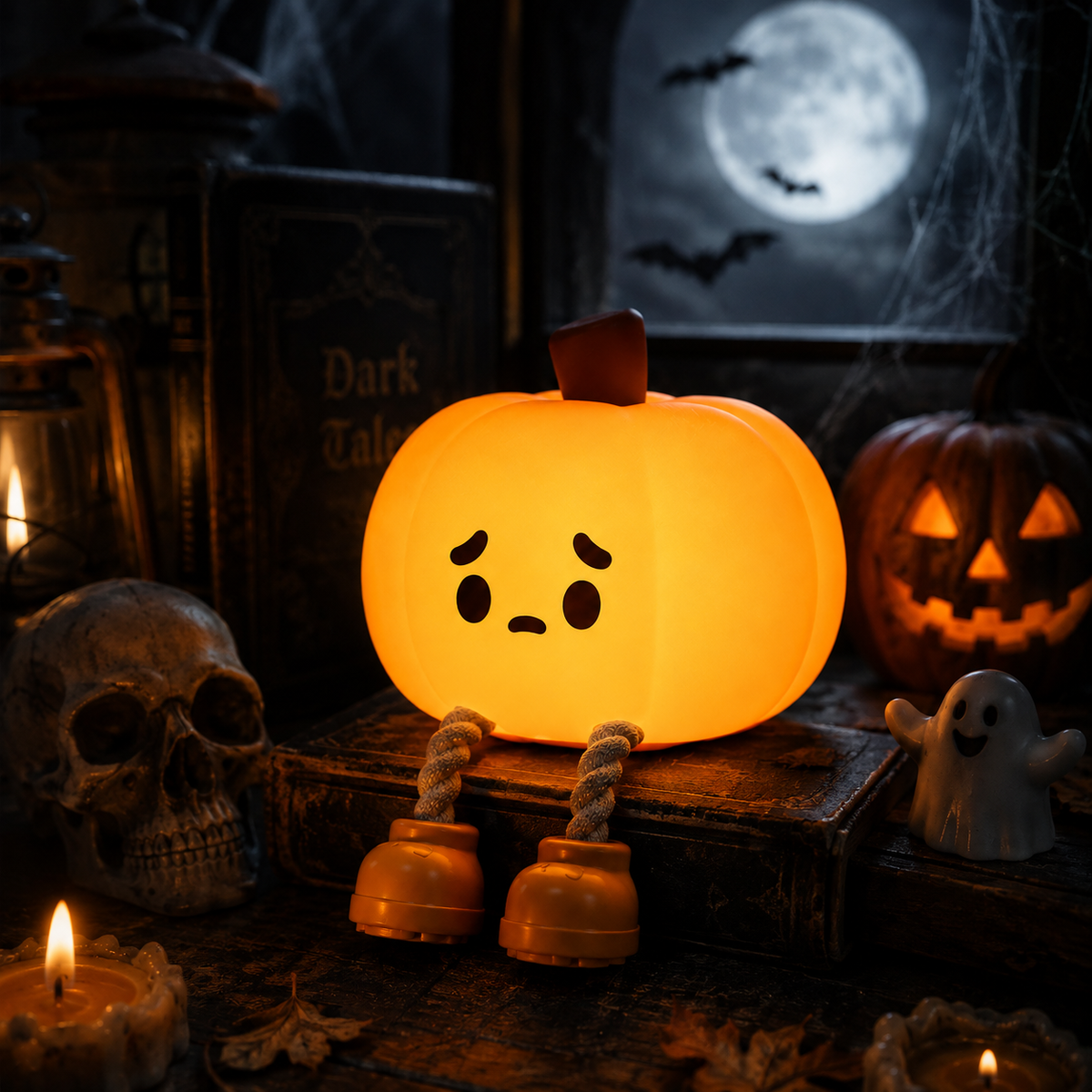 Pumpkin night light lighting up a Halloween scene with candles and a full moon