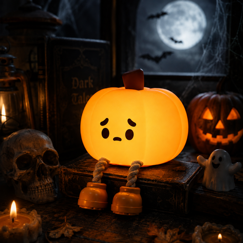 Pumpkin night light lighting up a Halloween scene with candles and a full moon