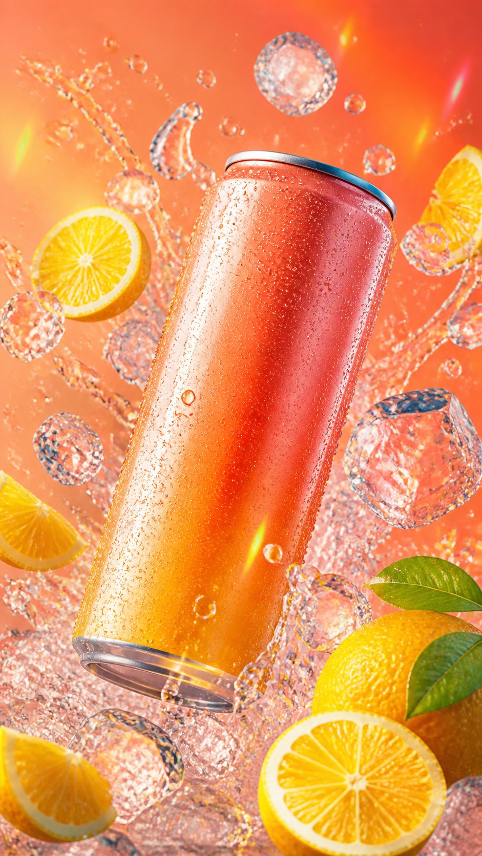 Fictional sparkling drink in an energetic citrus campaign scene