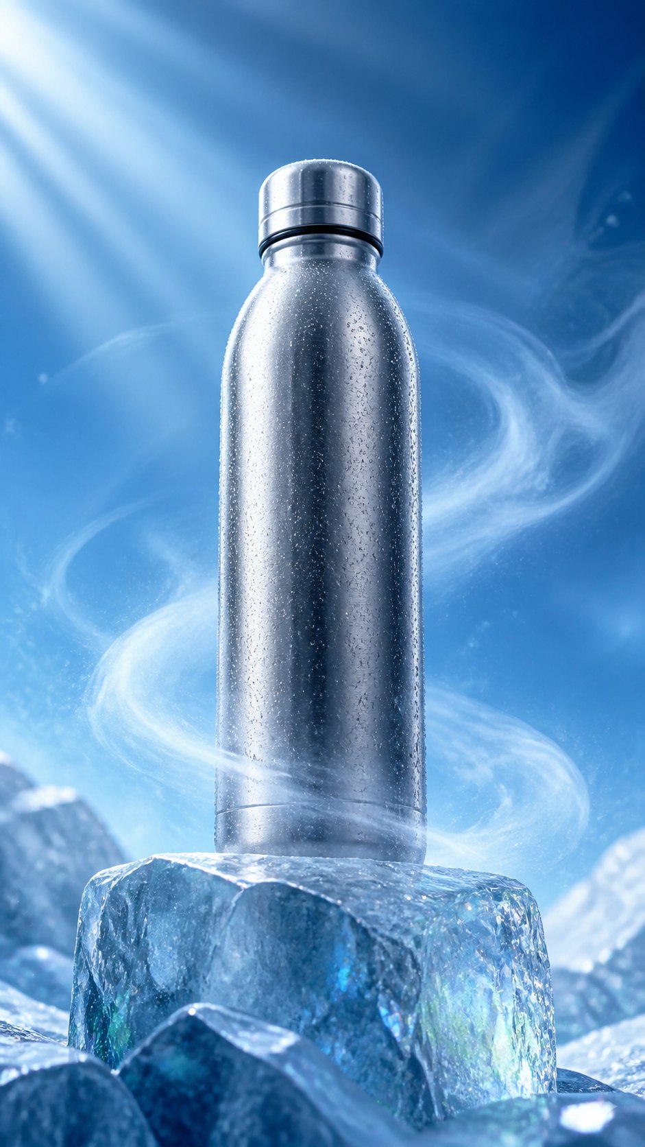 Fictional stainless bottle on a crystalline blue pedestal