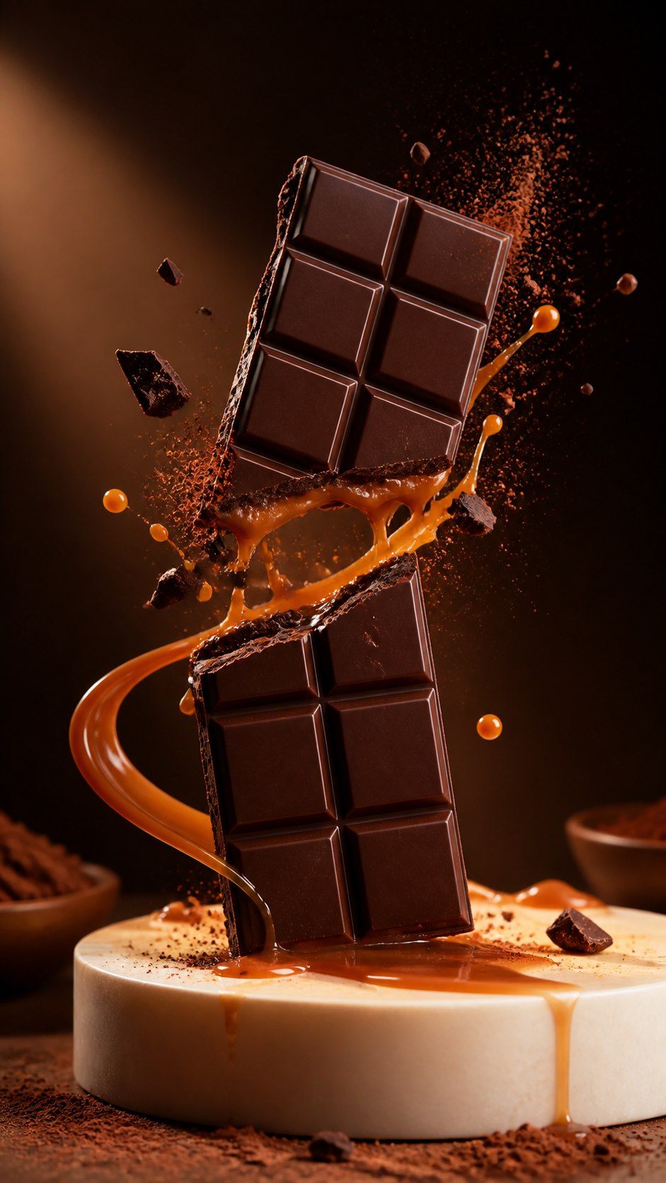 Fictional dark chocolate bar breaking through caramel and cocoa