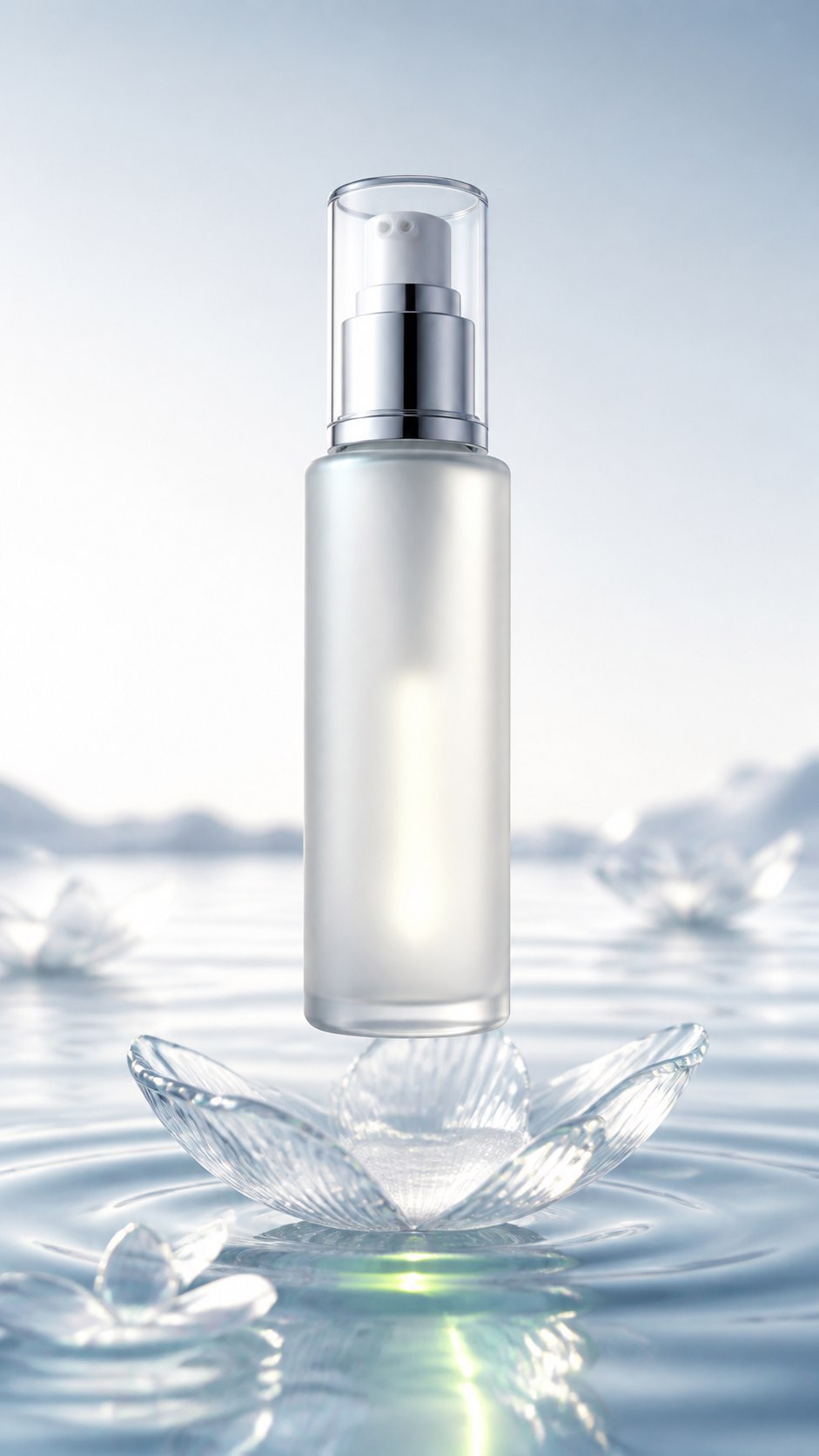 Fictional facial serum in a luminous campaign scene