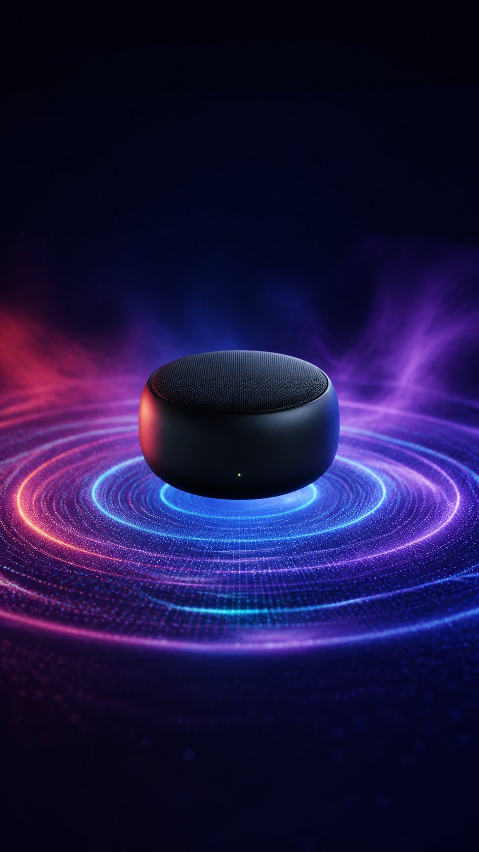 Fictional compact speaker surrounded by colored sound waves
