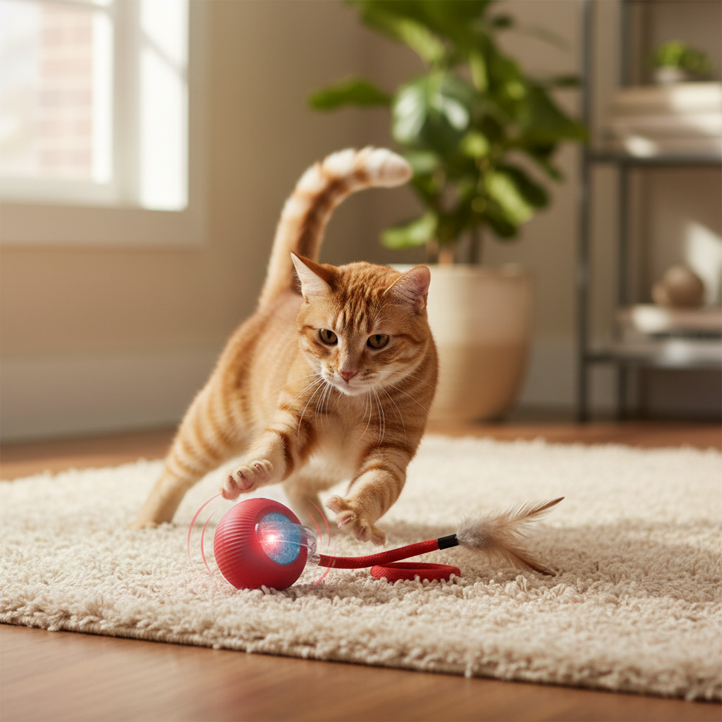 Cat reacting to the pet toy inside a directed lifestyle scene